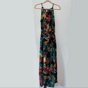Tropical Floral High Neck Belted Maxi Slit Dress